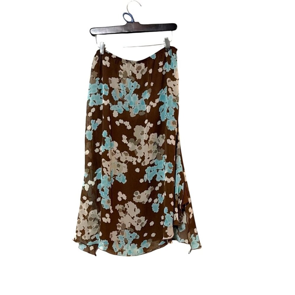 Sag Harbor Brown & Blue Floral Midi Skirt Size 10 Sheer Polyester Lined Boho‎